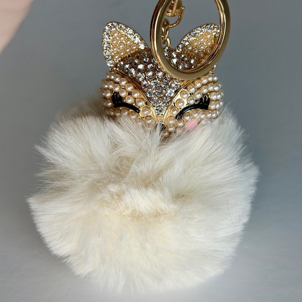 Sparkly Fox Keychain Pearl Rhinestone Faux‎ Fur Pom Pom Bag Charm Coquette Boho - Picture 5 of 6